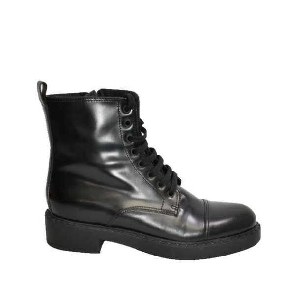 New! PRADA ‘Spazzolato’ Chocolate Leather Combat Boots Black 10.5 US DD222B - Picture 2 of 10